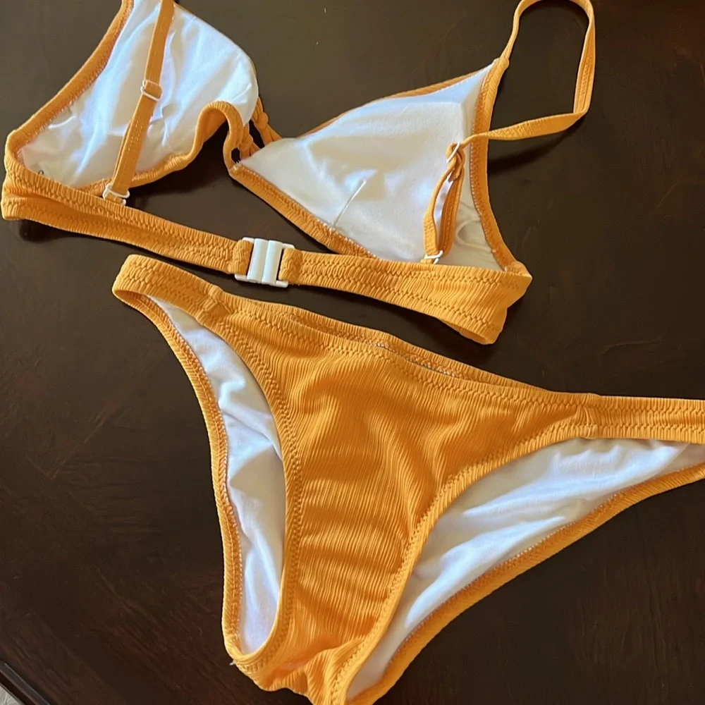 Marigold Yellow Ribbed Triangle Bikini Set Center Ladder Detail Cheeky Small - Picture 13 of 14
